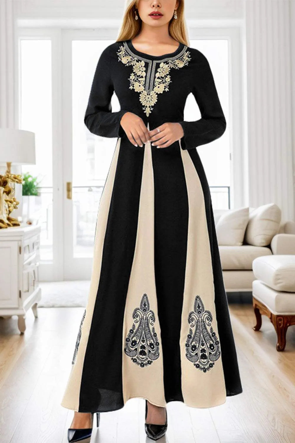 Printed Round Neck Long Sleeve Maxi Dress Casual Dresses - Tophatter Daily Deals